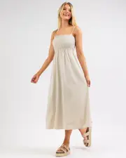 [Rhythm] Rhythm Women's Classic Shirred Midi Dress in Oat Natural Size 8 8 Oat Natural