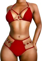 [EJsoyo] Womens Sexy Thong Bikini Swimsuits String Push up Padded Bathing Suit 2 Piece Cheeky Swimwear with Metal Ring