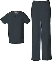 [Dickies] EDS Signature Unisex Scrubs Set 83706 V-Neck Top & 83006 Drawstring Pant, Pewter-2XL/XL, White, Large/Medium