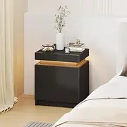 ADVWIN LED Bedside Table, Nightstand with Lift Up Storage and 2 Drawers, Storage Cabinet for Bedroom Living Room, High Gloss Black