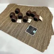 8 SET - Wood Napkin Ring Holders Espresso Color & HOME Brown Vinyl Placemat NEW
