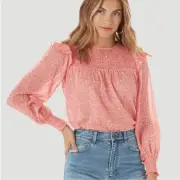 Billabong x Wrangler Shirt Womens Large Smocked Floral Peasant Top Blouse
