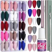 LEOBRO Press on Nails Medium, 15 Pack 360PCS Fake Nails Medium Short, Matte Acrylic Nails Full Cover, Almond Press on Nails Short, 15 Colors False Nails Set with Nail Tips Glue, for DIY Nail Art