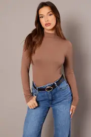 Brown Seamless Top Long Sleeve High Neck Longline - Size XS, Women's T-shirt