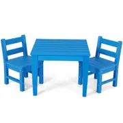 Giantex 3-Piece Kids Table & Chairs Set Toddler Activity Play Table Set Children Indoor Outdoor Furniture Set Home Backyard Blue
