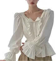[Generic] Women Puff Sleeve Ruffle Blouse Spring Summer Long Sleeve V-Neck Slim Tops