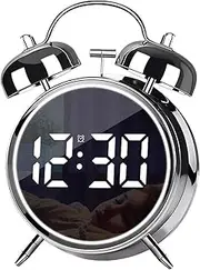 Digital Small Alarm Clock, 4.5 Inch Double Bell Electronic LED Alarm Clock, Plug in or Battery Operated Silent Metal Table Clock, Modern Loud Bedside Clock for Heavy Sleepers Adults Kids (Silver)