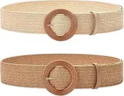 [MIVES] Straw Woven Elastic Stretch Waist Belt - 2Pcs Rattan Waist Band, Ladies Braided Dress Belt for Women