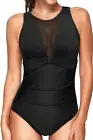 Tempt Me Swimsuit High Neck Plunge Ruched Tummy Control Bathing Suit L NWT A7