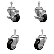3.5 Inch SS Black Polyurethane Swivel 3/8 Inch Threaded Stem Caster Set 2 Brakes
