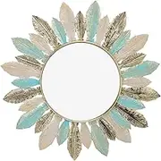 Small Round Mirrors for Wall Decor, 16.1in Metal Boho Wall Decor, Feather Wall Art Decorative Mirror Home Decoration for Living Room, Bathroom, Bedroom