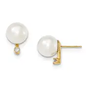 14k 9 10mm White Saltwater Cultured South Sea Pearl .10ct Dia Earrings