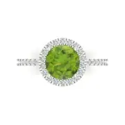 1.85ct Round Cut halo Real Peridot Promise Bridal Wedding Ring 14k White Gold