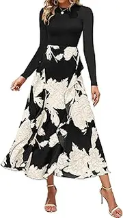 [ZPLxi] Women's Crewnwck Long Sleeve Maxi Dress Solid Color Slim T-Shirt Patchwork Ruflle Boho Floral Print A-Line Flowy Dress