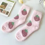 Printed Coral Fleece Crew Socks Strawberry - Pink - One Size