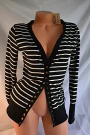 STEVE MCQUEEN (S) Knit Top BLACK WHITE Striped Snap Closure Cotton Poly Cardigan