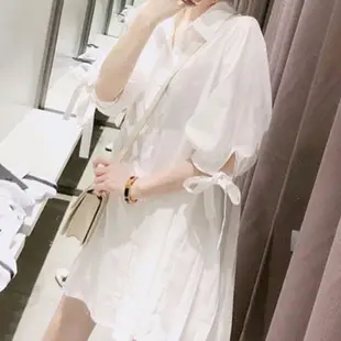 韓版短袖洋裝 襯衫裙 女生衣著 時尚減齡連衣裙 寬鬆顯瘦休閒中長款白色開衫上衣娃娃衫