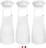 Novelty Place Kid's Apron with Chef Hat Set (3 Set) - Skin-friendly Children’s Bib with Pocket - Cooking, Baking, Painting, Training Wear - Kid's Size (6-12 Year, White)