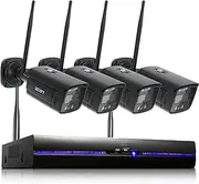 [REIGY] 3MP WLAN Outdoor Surveillance Camera Set with Floodlight, 8CH Wireless NVR Surveillance System + 4 x 1296P Camera Wireless, Two-Way Audio Motion Detection Coloured Night Vision No Hard Drive