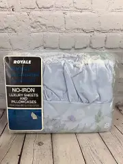 Vintage NIP Royale Blue Floral Print Full Size Sheet Set Sheets & Pillowcases