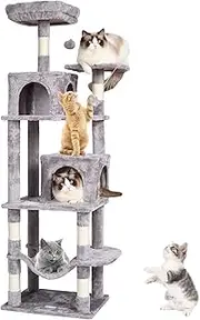 VEVOR Cat Tree for Indoor Cats, 160 cm Cat Tower with 2 Cat Condos, Sisal Scratching Post, Hammock, Top Perch, Jumping Platforms, Large Cat Furniture Activity Center with Hang Ball, Light Grey