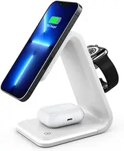 White,3 in 1 Fast Charging Wireless Charger Stand with Night Light, 15W Wireless Charging Station for iPhone 16/15/14/13/12, Apple Watch & Airpods Etc.