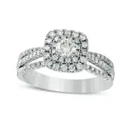 Previously Owned - 0.75 CT. T.W. Natural Diamond Double Cushion Frame Multi-Row Split Shank Engagement Ring in Solid 14K White Gold