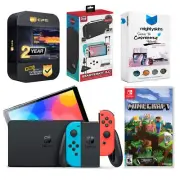 Nintendo Switch Neon Red/Blue OLED + Minecraft: Switch Edition + Accessory Kit