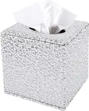 Engraved Tissue Holder Leather Cube Tissue Holder For Home Office And Car (silver) (q) a
