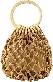 [Ayliss] Women Mini Clutch Tote Handbag Top-handle Bucket Drawstring Handbag Beach Woven Handmade Fishing Net Bag Pouch Purse