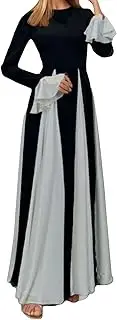[Kwunbwa] Wedding Guest Dresses for Women Elegant Long Sleeve Patchwork Pleated Swing Long Dress Formal Maxi Dress