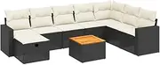 vidaxl Garden Sofa Set - 9-Piece Modular Poly Rattan Outdoor Lounge - Black with Cushions - Acacia Wood Table