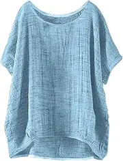 [Generic] Womens Breathable Linen Comfy T Shirts Business Casual Women's Summer Short Sleeved Solid Leisure Loose Fit Linen Top Plus Size Dress Tops for Women
