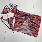 Younique 3 Piece Triangle Multicolored Bikini Swimsuit & Mesh Skirt Womens N