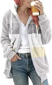 [Qolkmuiy-GJ] Women Fuzzy Fleece Color Block Coat Sherpa Lined Full Zipper Hooded Jacket Patchwork Cardigan Hoodies Outerwear (Grey,5XL), Grey, 5X-Large