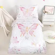 WINGHENLEE Toddler Bedding Set, 4 Pieces Toddler Comforter Set for Girls Kids, Ultra Soft Toddler Bed Sheets Set in a Bag, Includes Comforter, Fitted Sheet, Flat Sheet, Pillowcase, Pink Butterfly