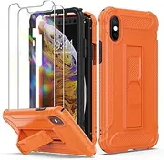 ORETECH Designed for iPhone X/Xs Case with [2 x Tempered Glass Screen Protectors] [Heavy Duty Protection] [Kickstand & Phone Holder] 5 in 1 Full Body Shockproof Protective Cover for iPhone X/Xs-Orange