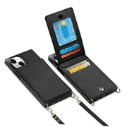 for iPhone 15 Case with Card Holder Crossbody Lanyard Strap Leather Black