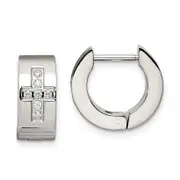 Stainless Steel Chisel Brushed And Polished With Cz Cross 6mm Hinged Hoop Earrings