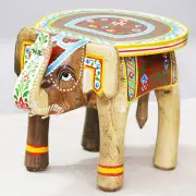 Handcrafted & Hand-Painted Wooden Elephant Shape Stool Cum Side Table for Home