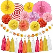 25Pcs Two Groovy Birthday Party Decorations Set, Groovy Boho Hippie Party Supplies Hanging Paper Fans, Pom Poms, Pink Orange Yellow Daisy Flower Garland, Tassel Garlands String, Retro Theme Party Decor