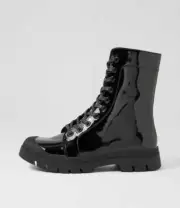 New Django & Juliette Siron Black Patent Leather Lace Up Boots Womens Shoes