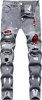 [Generic] Men's Casual Skinny Distressed Lightweight Pants Regular Mens Straight Leg Fit Pant Ripped Slim Patchwork Jeans, Grey, Medium