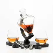 Don Vassie diamond shaped whiskey decanter set with 2 glasses and a luxury wooden stand