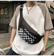 GGP Black Patchwork Black And White Check Trendy Checkered Crossbody Bag Color Block Chest Bag For Men And Women, Lightweight Nylon Waist Bag