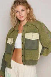 POL Embroidered Sleeve Patch Pocket Mixed Knit Quilted Jacket in Basil Multi NWT
