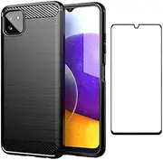 [Asuwish] Phone Case for Samsung Galaxy A22 5G/Boost Mobile Celero 5G with Screen Protector Cover and Slim Thin Soft Cell Accessories Protective Celero5G Gaxaly A 22 22A G5 Women Men Carbon Fiber Black