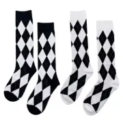 Women Black White Knee High Socks Argyle Plaid Student Stockings