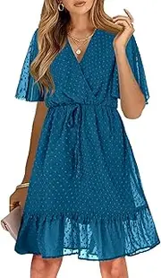 [KIRUNDO] Women’s Summer Dress Short Sleeve Ruffle Flowy Floral Dress Casual Crewneck High Waist Mini Dress with Belt