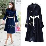 Spanish Queen Letizia Inspired Indigo Stretch-Denim Button Front Shirt Dress